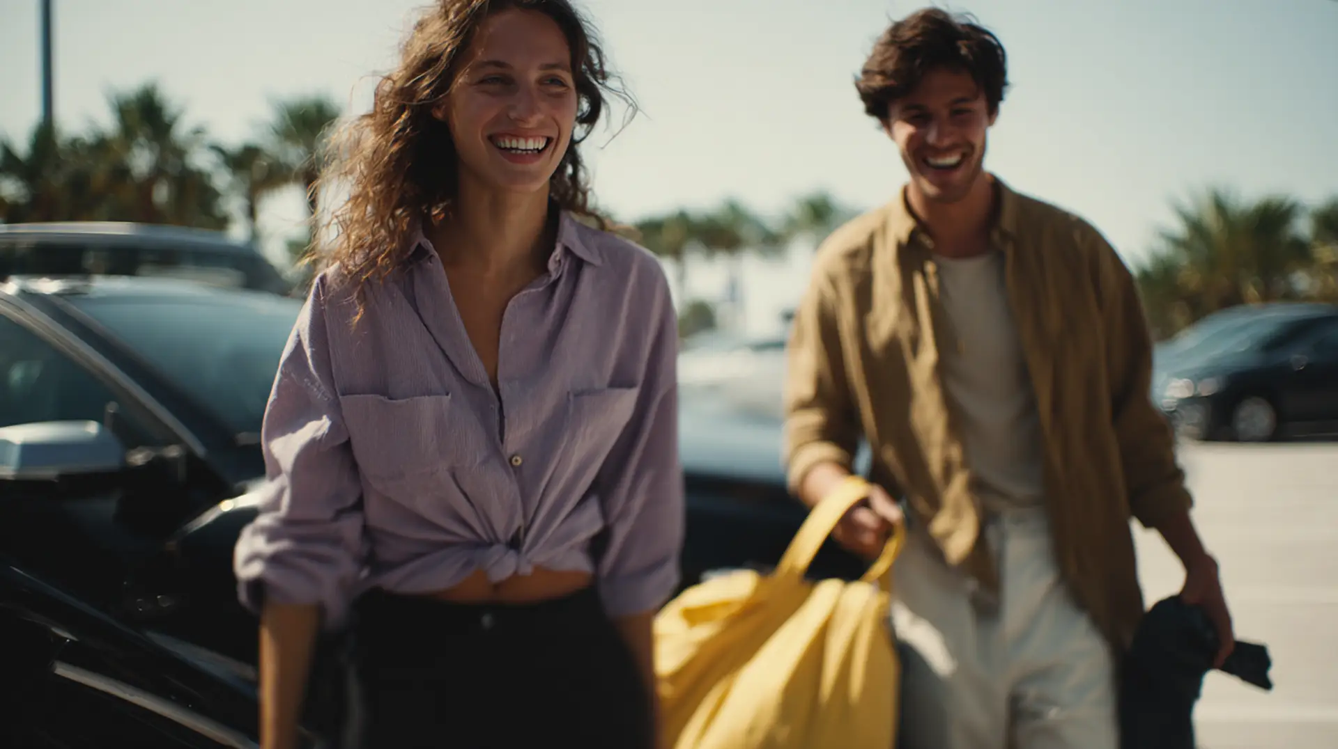 Clickfortravel Lächelnde Frau im lila Shirt steht am geparkten Auto; Mann mit gelber Tasche dahinter, Palmen und Sonne im Hintergrund. Kuss Reisebüro