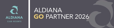 Clickfortravel Aldiana Club Resorts Banner mit Logo, Text "ALDIANA GO PARTNER 2026", grauer Hintergrund, dezenter Delfin. Kuss Reisebüro