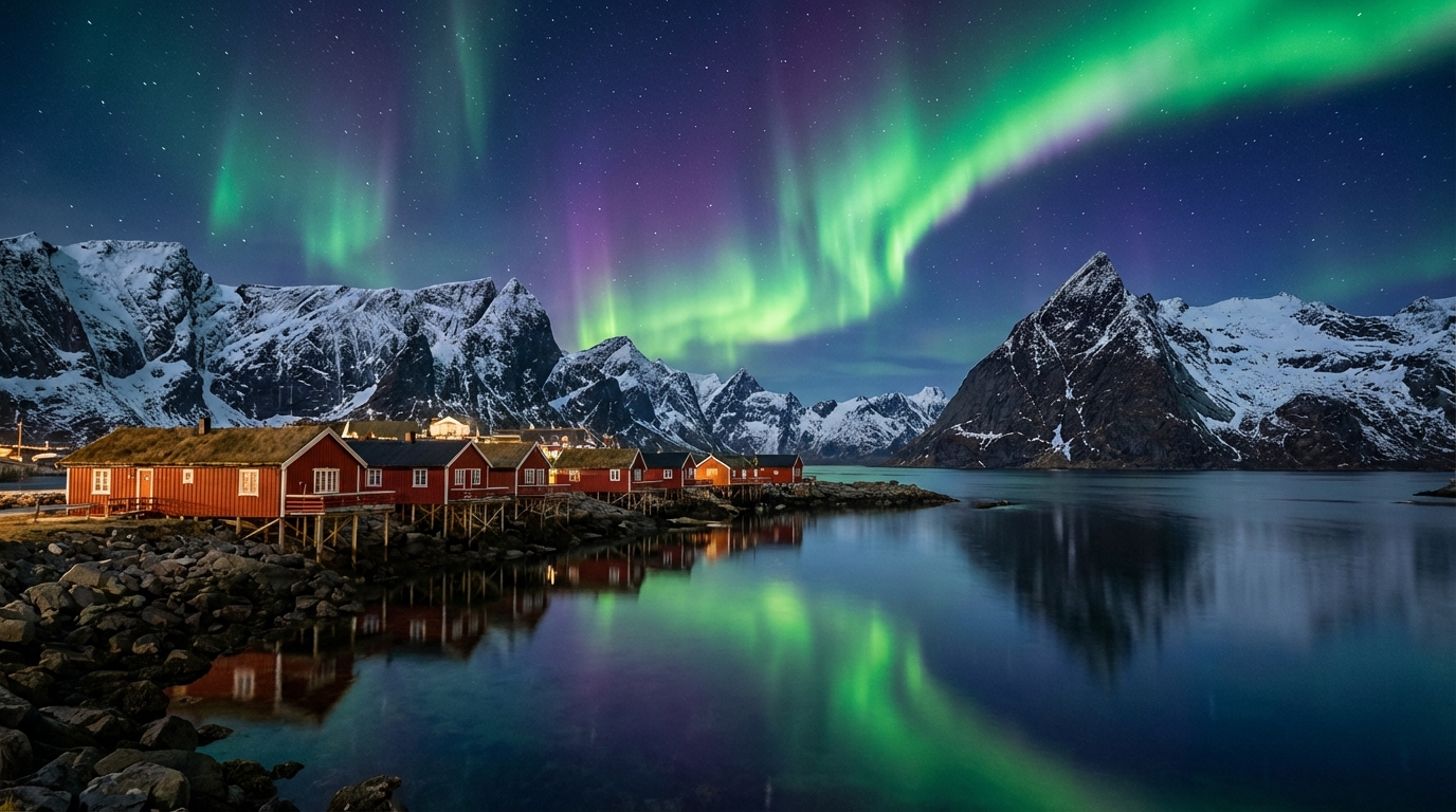 Malerische Lofoten-Inseln bei Nacht mit traditionellen Rorbuer-Hütten und einem leuchtenden Nordlicht am Himmel.
