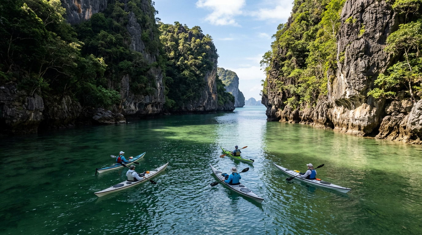 Kajakfahrer im Ang Thong Nationalpark zwischen imposanten Kalksteinfelsen und grünem Dschungel in Thailand.