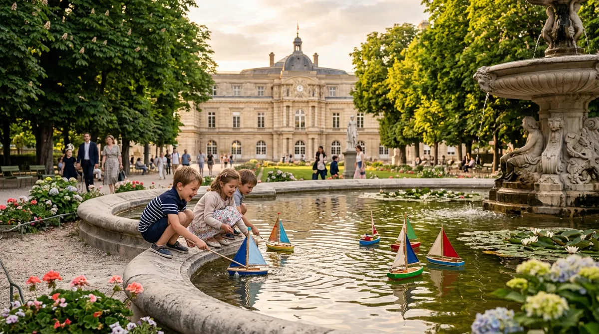 Kinder spielen mit Holzsegelbooten in einem historischen Schlosspark in Europa.