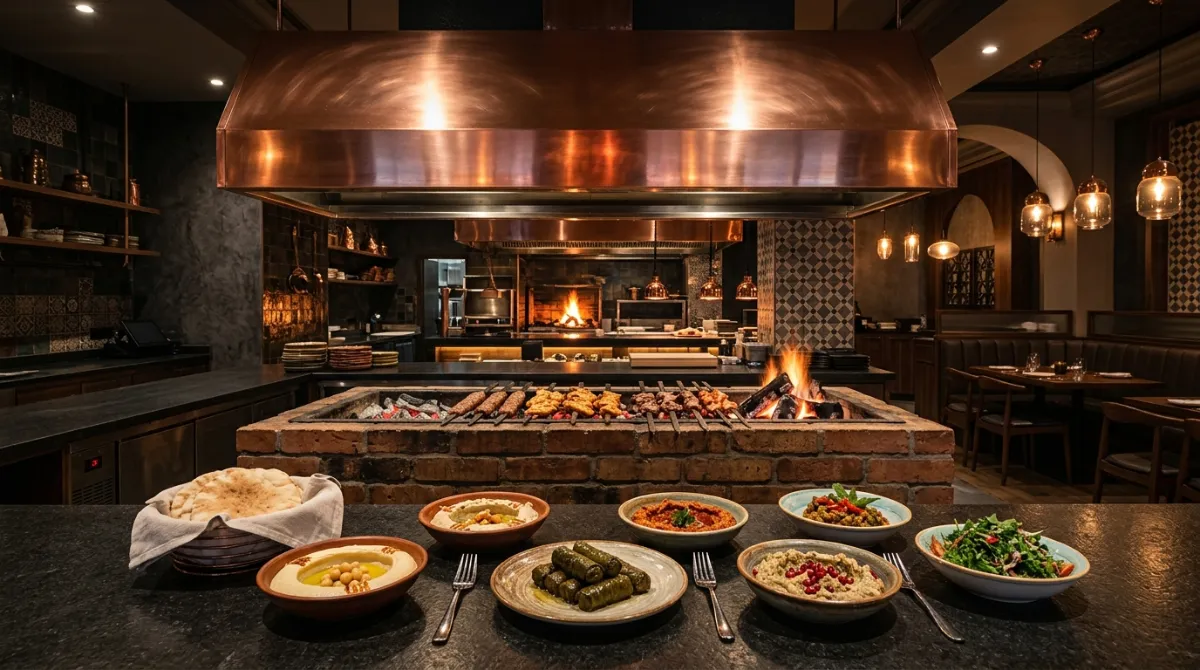 Moderner türkischer Grill mit glühenden Kohlen und verschiedenen Meze-Vorspeisen in einem Restaurant.